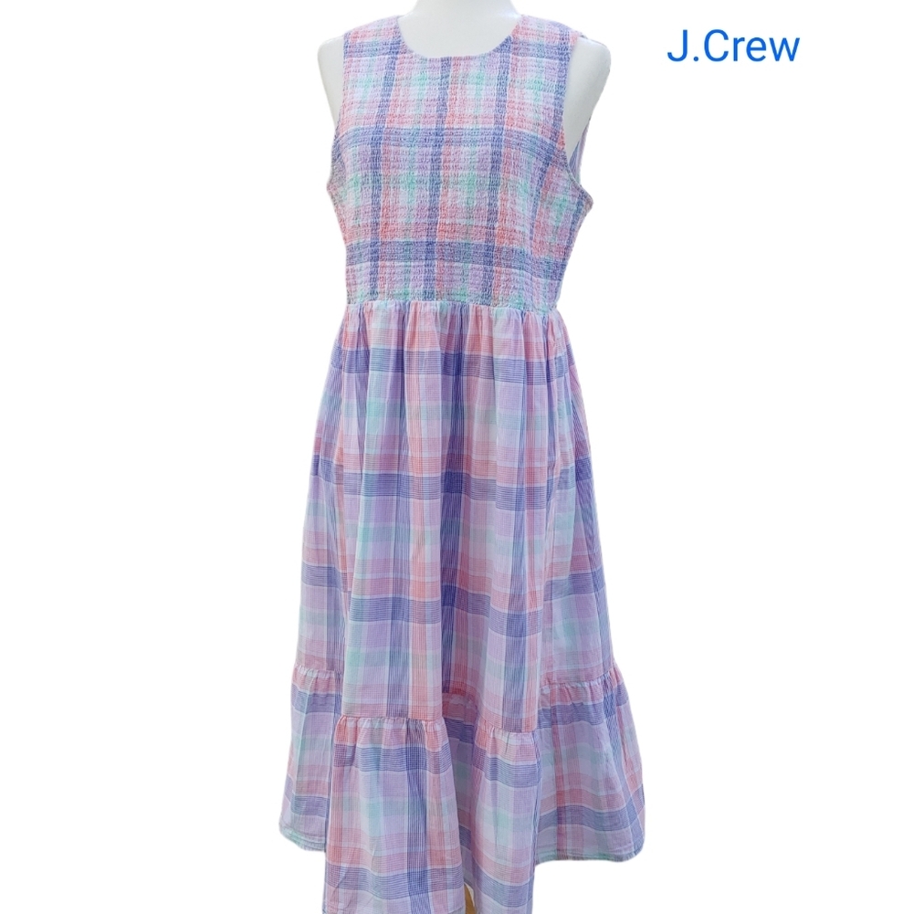 J.Crew Women's Smocked Tiered Cotton Plaid Dress in Pastels Multi size Large
